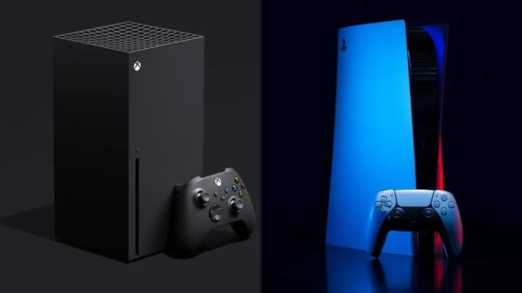 PS5 e Xbox Series X lado a lado, consoles sobre mesa