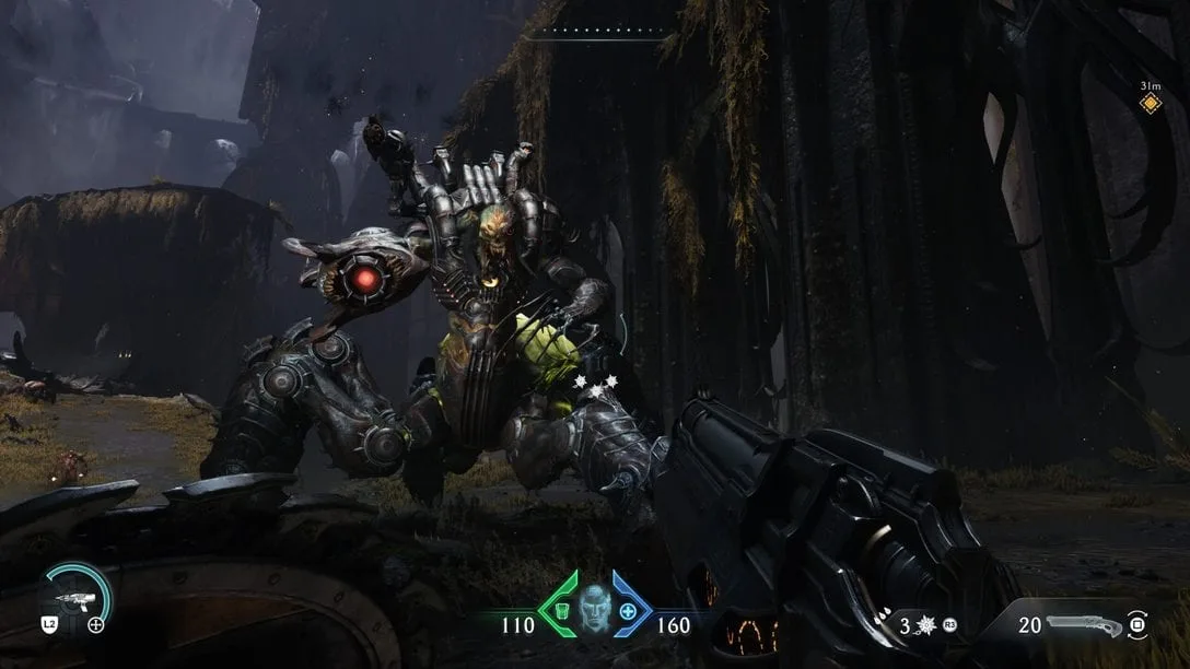 Screenshot de Doom: The Dark Ages mostrando combate intenso com efeitos visuais detalhados no PS5 Pro