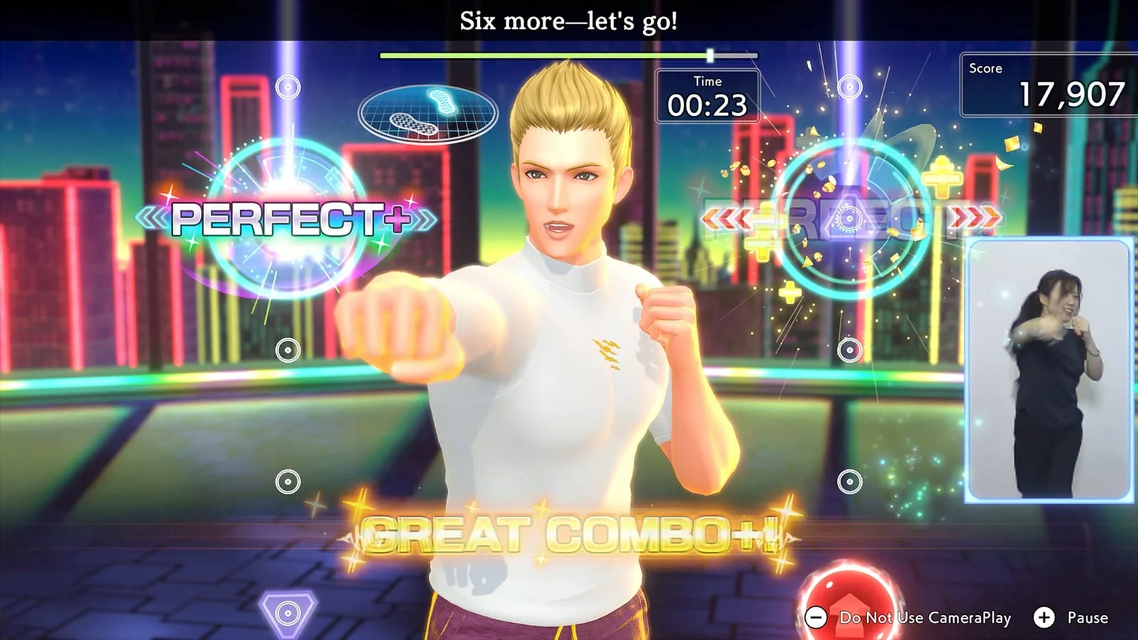 Screenshot do Fitness Boxing 3 versão Switch 2 mostrando treino ativo