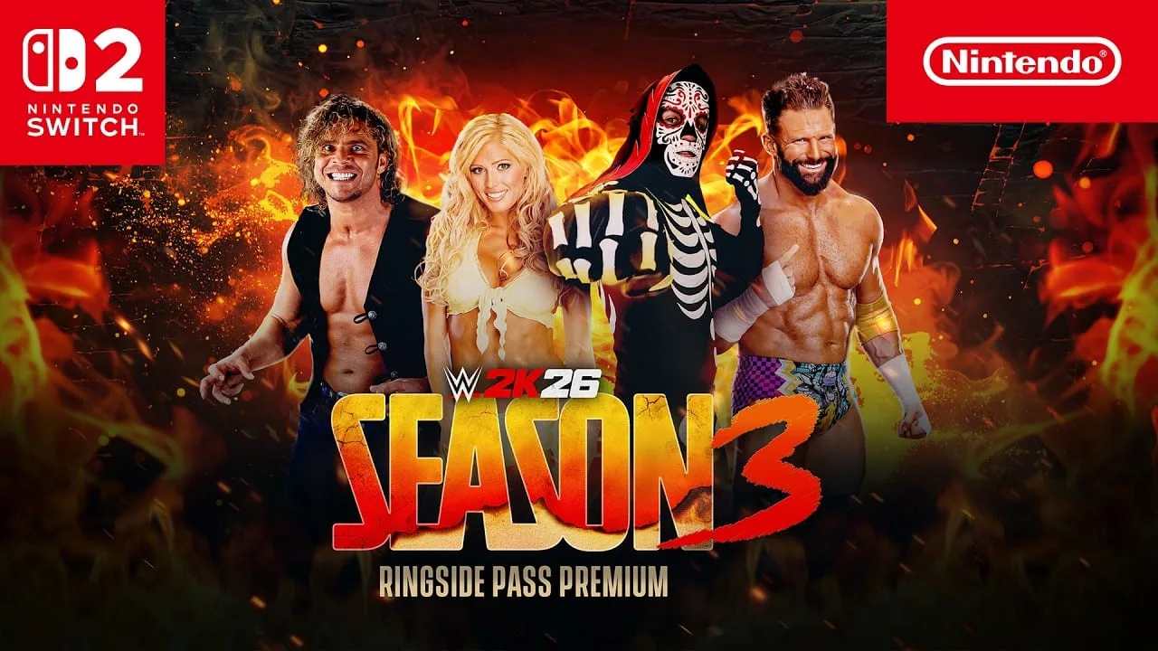 Screenshot do trailer oficial da Temporada 3 de WWE 2K26 no Nintendo Switch 2 mostrando luta no ringue