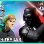 Screenshot do trailer oficial de Monopoly: Star Wars Heroes vs. Villains no PS5 mostrando personagens icônicos da saga