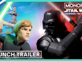 Screenshot do trailer oficial de Monopoly: Star Wars Heroes vs. Villains no PS5 mostrando personagens icônicos da saga