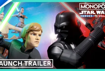 Screenshot do trailer oficial de Monopoly: Star Wars Heroes vs. Villains no PS5 mostrando personagens icônicos da saga
