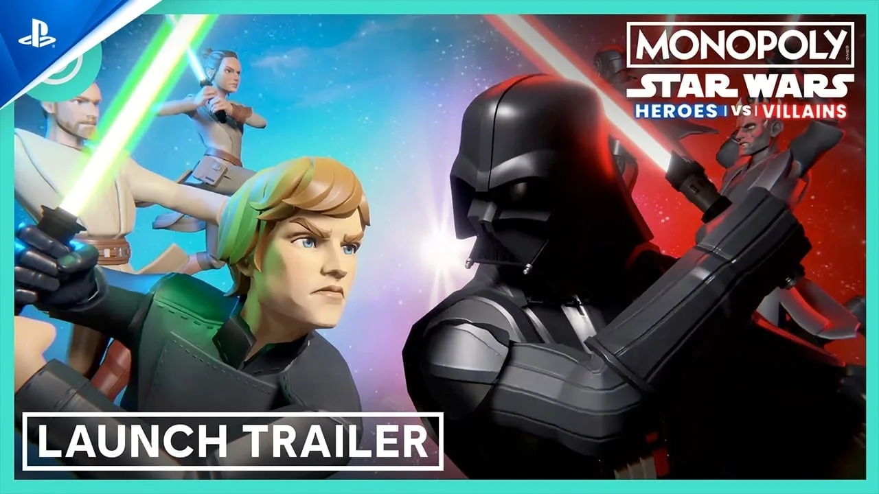 Screenshot do trailer oficial de Monopoly: Star Wars Heroes vs. Villains no PS5 mostrando personagens icônicos da saga