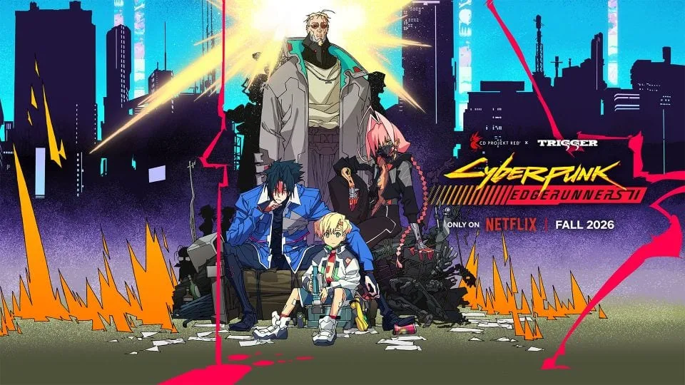 Visual oficial do anime Cyberpunk Edgerunners 2 mostrando os principais personagens em destaque