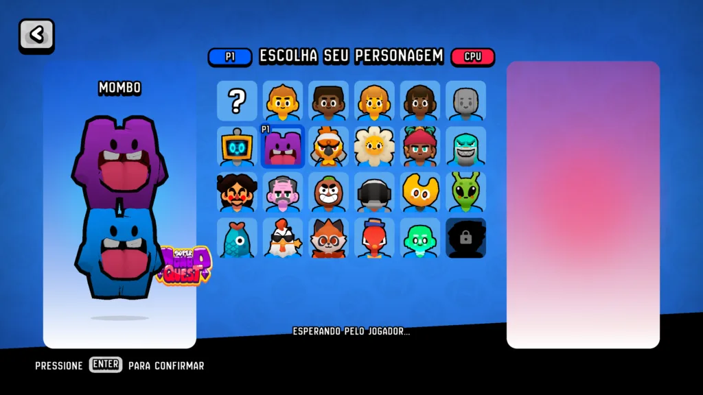 Printo do jogo Pimbolas, mostrando o personagem Mombo do jogo Mombo Quest.