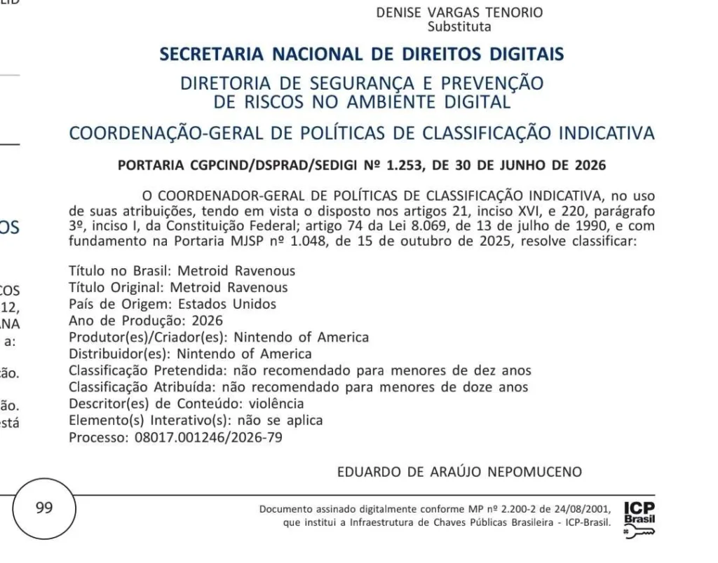 Suposto documento indicando informações sobre Metroid