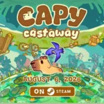 Arte oficial de Capy Castaway mostrando a capivara e o corvo na ilha