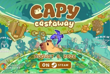 Arte oficial de Capy Castaway mostrando a capivara e o corvo na ilha