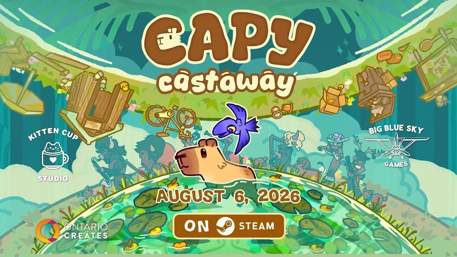 Arte oficial de Capy Castaway mostrando a capivara e o corvo na ilha