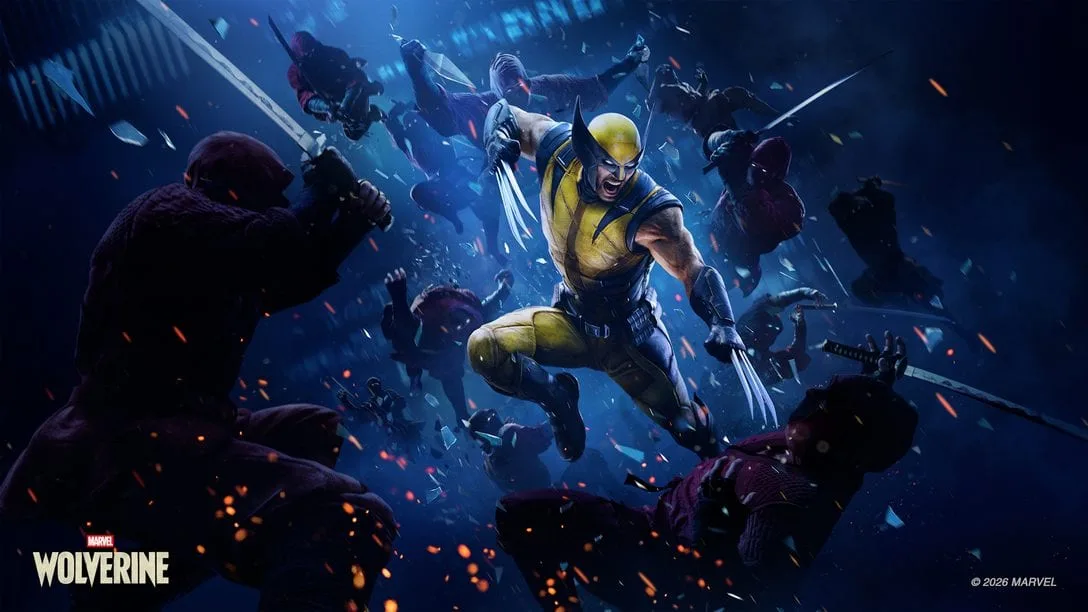 Arte oficial do jogo Marvel’s Wolverine mostrando Logan em pose de combate