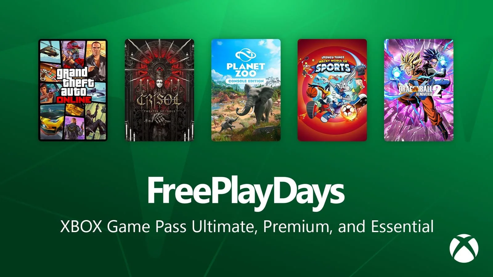 Arte promocional Free Play Days com jogos GTA Online, Dragon Ball Xenoverse 2, Crisol, Planet Zoo e Looney Tunes
