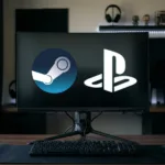 Banner destacando Steam e PlayStation com tela de jogos em segundo plano