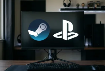 Banner destacando Steam e PlayStation com tela de jogos em segundo plano