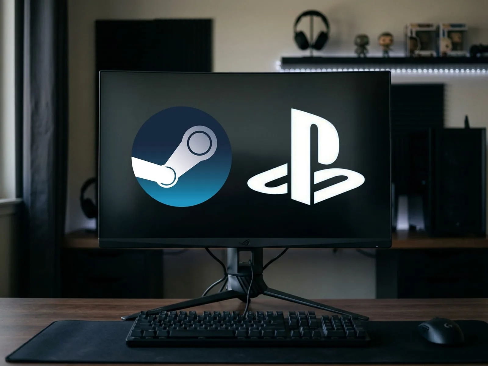 Banner destacando Steam e PlayStation com tela de jogos em segundo plano