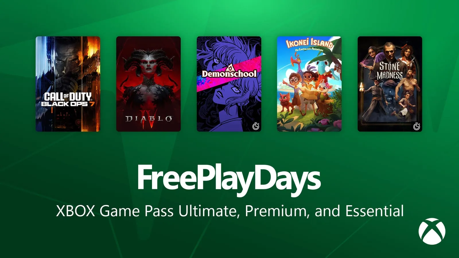 Banner oficial Xbox Free Play Days com os jogos Call of Duty Black Ops 7 e Diablo IV