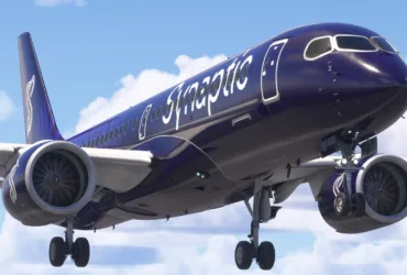 Captura de tela do A220 Airliner em voo dentro do Microsoft Flight Simulator
