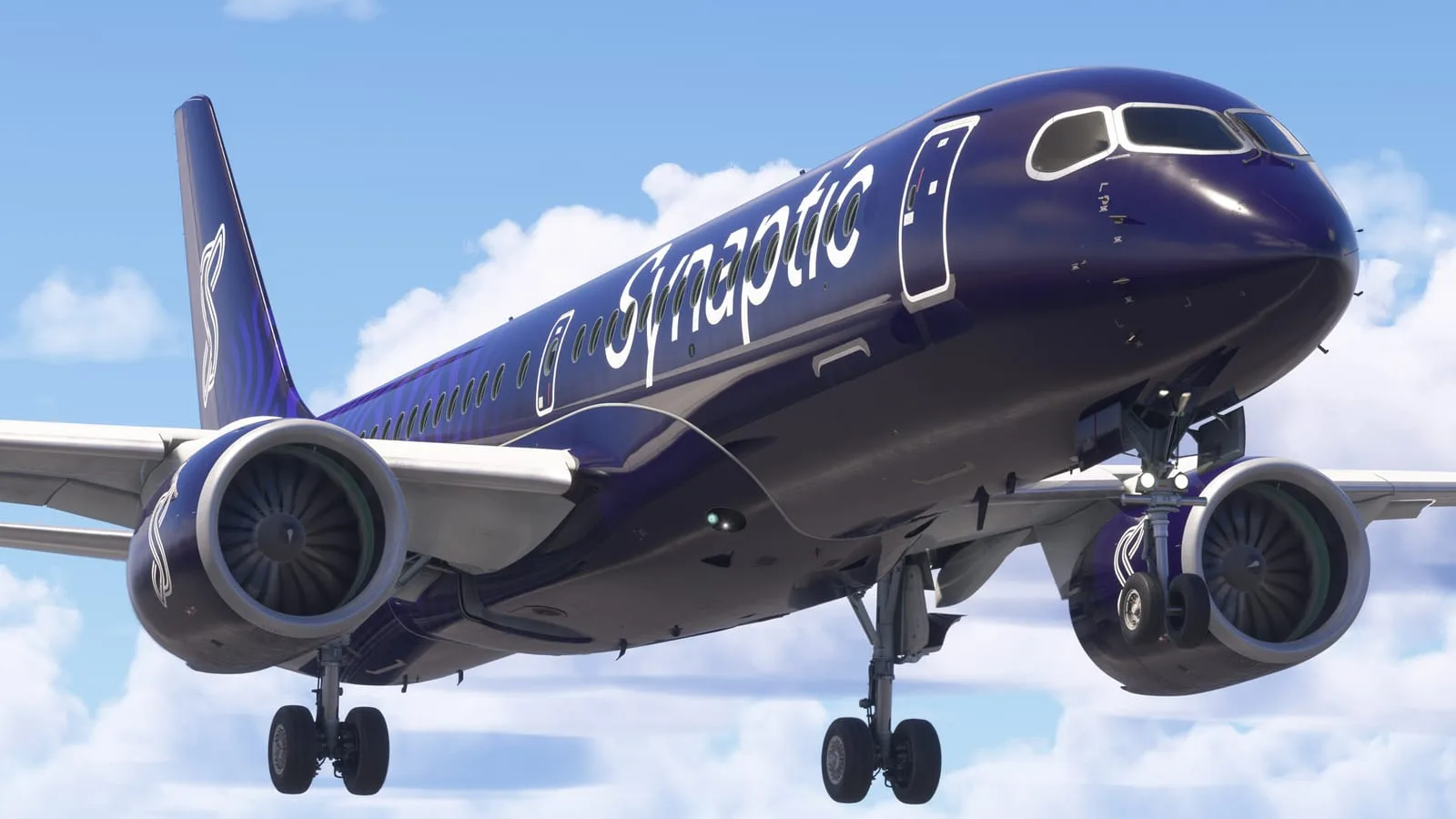 Captura de tela do A220 Airliner em voo dentro do Microsoft Flight Simulator