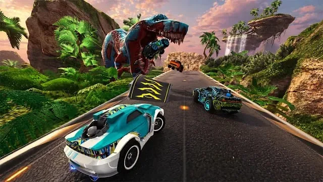 Carro esportivo em pista sinuosa com salto no jogo Max Speed para Nintendo Switch
