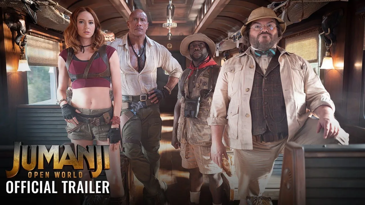 Cartaz promocional do filme Jumanji: Open World com personagens principais