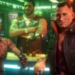 Cena de Cyberpunk 2077 com personagem Jackie em ambiente retrofuturista