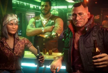 Cena de Cyberpunk 2077 com personagem Jackie em ambiente retrofuturista