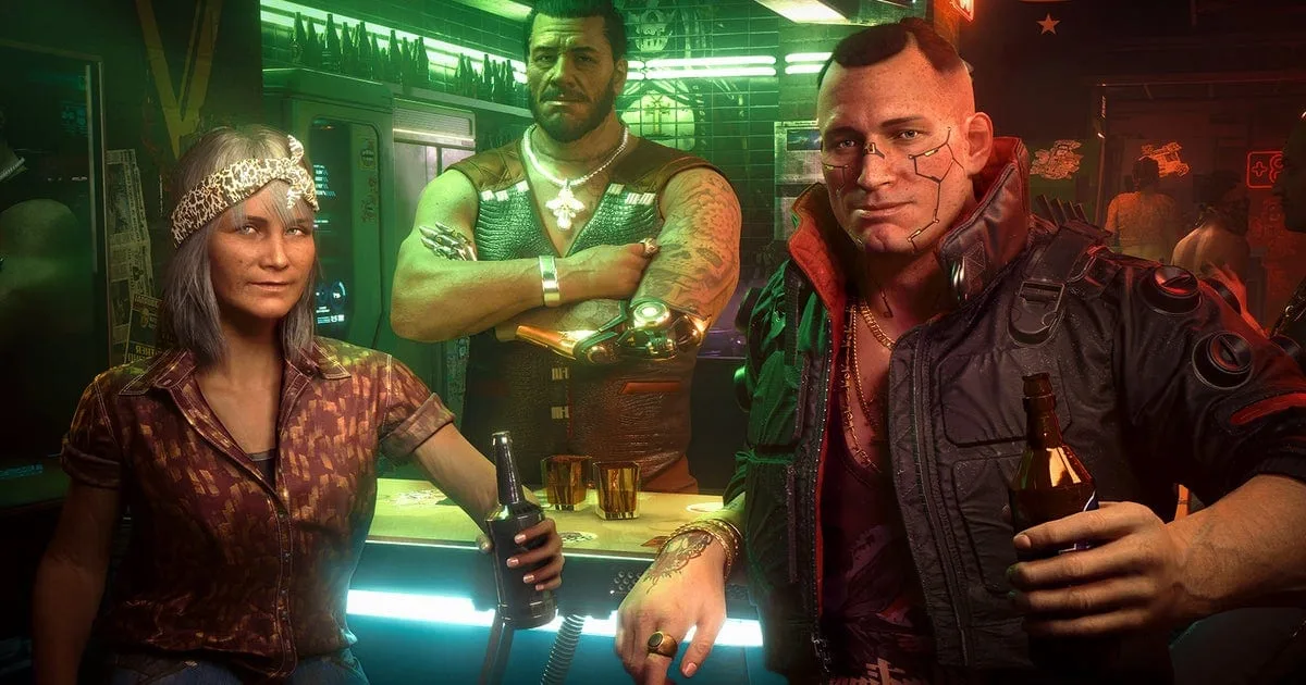 Cena de Cyberpunk 2077 com personagem Jackie em ambiente retrofuturista