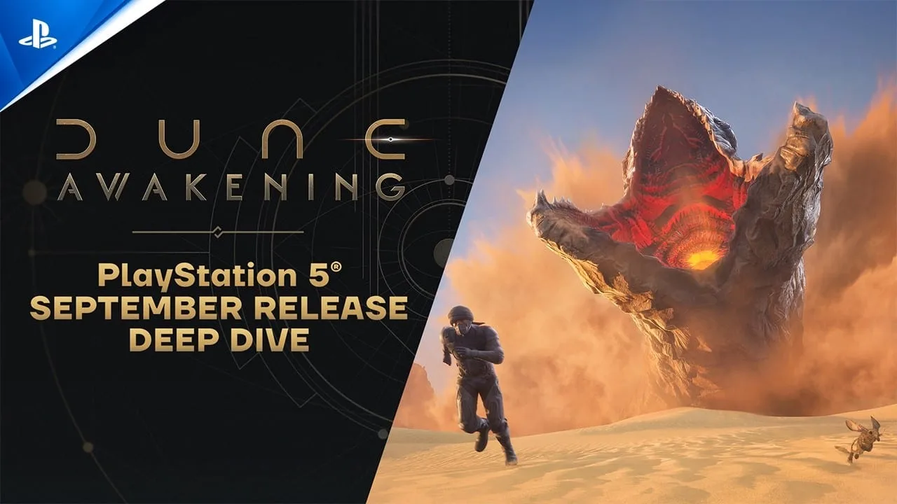 Cena de gameplay de Dune: Awakening mostrando o deserto de Arrakis no PS5