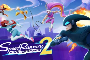 Cena de gameplay de SpeedRunners 2 com corredores em disputa na plataforma