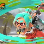 Cena de gameplay do trailer de Splatoon Raiders mostrando personagens coloridos em ação com armas e tinta