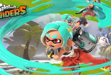 Cena de gameplay do trailer de Splatoon Raiders mostrando personagens coloridos em ação com armas e tinta