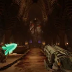 Cena do DLC Revelations de DOOM: The Dark Ages mostrando o ambiente Osseus Church com logo do jogo
