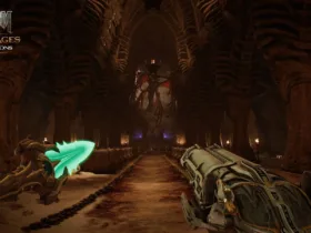 Cena do DLC Revelations de DOOM: The Dark Ages mostrando o ambiente Osseus Church com logo do jogo