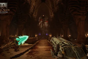 Cena do DLC Revelations de DOOM: The Dark Ages mostrando o ambiente Osseus Church com logo do jogo