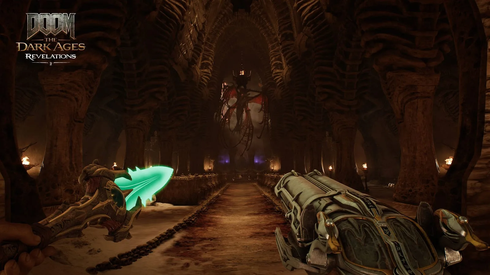 Cena do DLC Revelations de DOOM: The Dark Ages mostrando o ambiente Osseus Church com logo do jogo