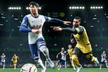 Cena do gameplay de EA Sports FC Mobile exibindo um time de futebol em ação