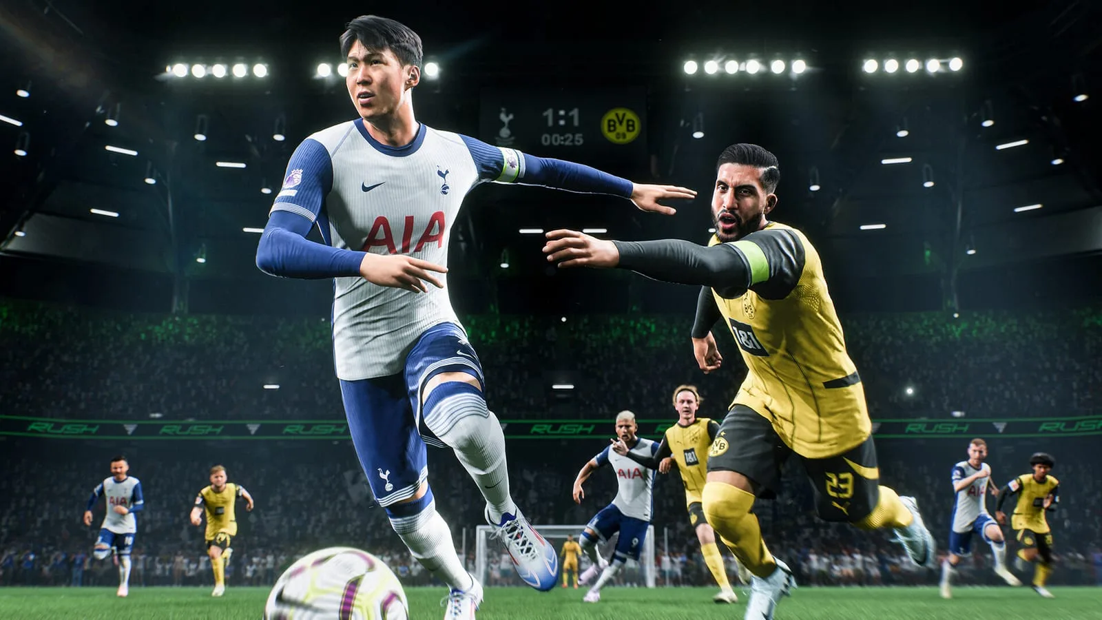 Cena do gameplay de EA Sports FC Mobile exibindo um time de futebol em ação