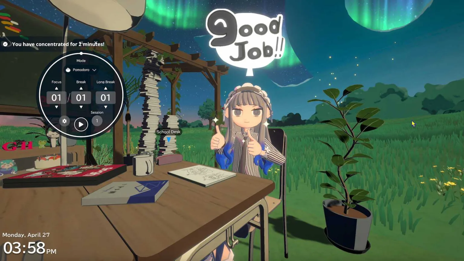 Cena do jogo Gogh: Focus with Your Avatar mostrando personalização de personagens
