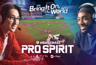 Cena do teaser oficial de eBaseball PRO SPIRIT mostrando gameplay de beisebol com personagens estilizados