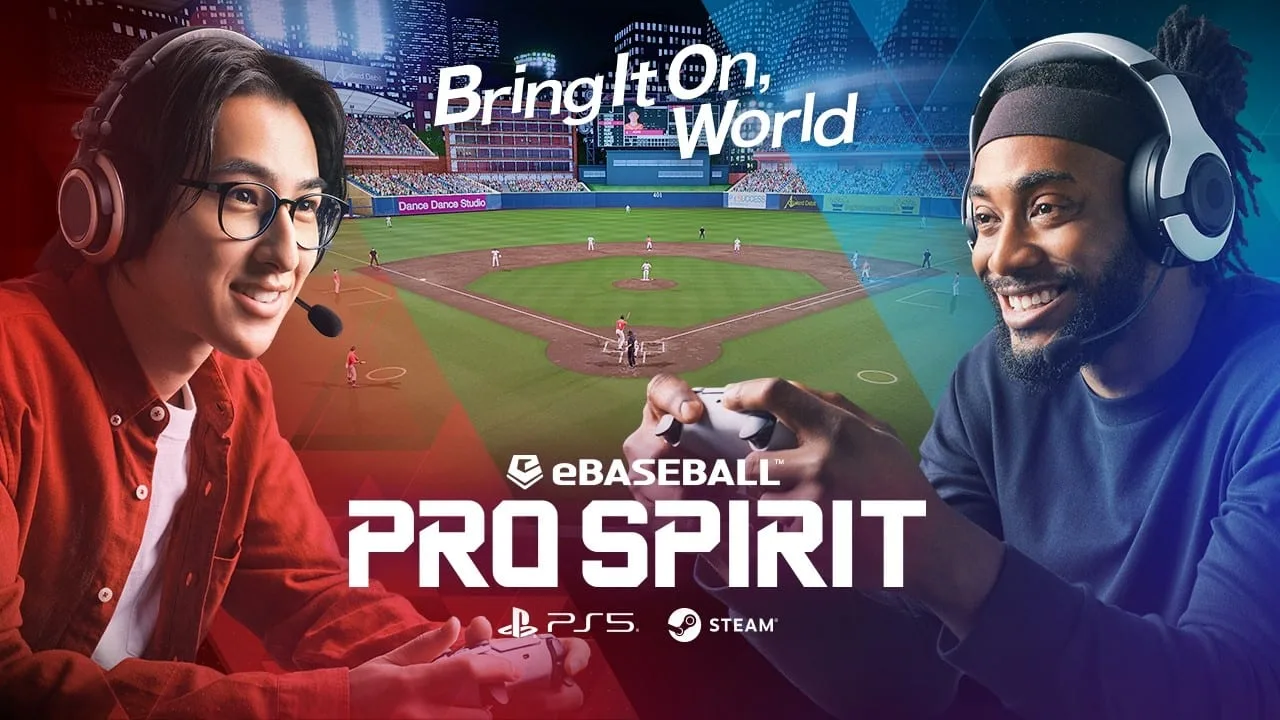 Cena do teaser oficial de eBaseball PRO SPIRIT mostrando gameplay de beisebol com personagens estilizados