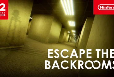 Cena do trailer de Escape the Backrooms mostrando corredor labiríntico com luz fluorescente no Nintendo Switch 2