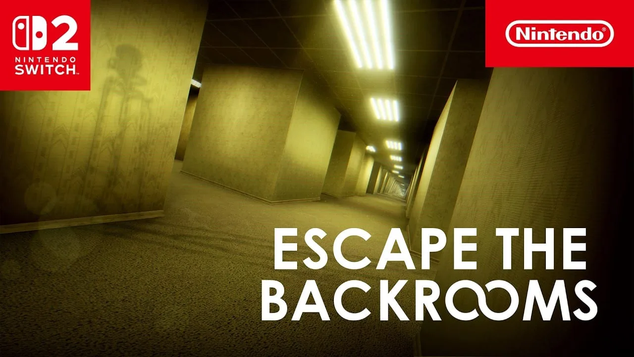 Cena do trailer de Escape the Backrooms mostrando corredor labiríntico com luz fluorescente no Nintendo Switch 2
