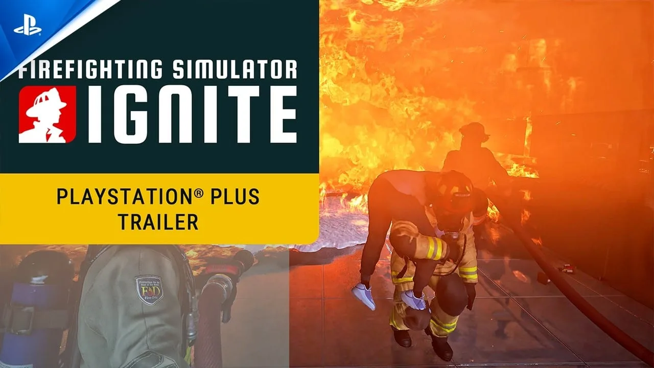 Cena do trailer de Firefighting Simulator: Ignite mostrando bombeiros em ação no PS5