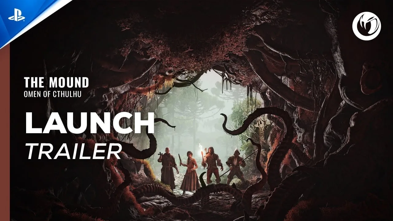 Cena do trailer de lançamento de The Mound: Omen of Cthulhu no PS5 mostrando ambiente sombrio
