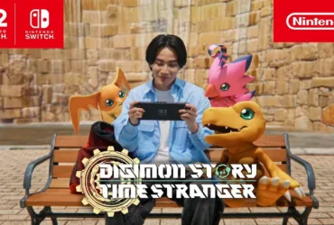 Cena do trailer live action de Digimon Story Time Stranger para Nintendo Switch mostrando personagens humanos e Digimon