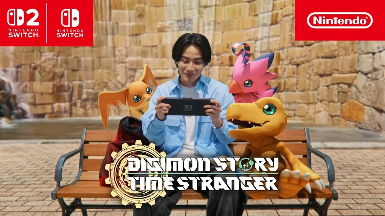 Cena do trailer live action de Digimon Story Time Stranger para Nintendo Switch mostrando personagens humanos e Digimon