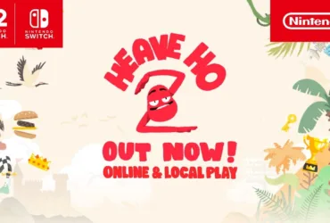 Cena do trailer oficial de Heave Ho 2 no Nintendo Switch 2 com personagens pendurados