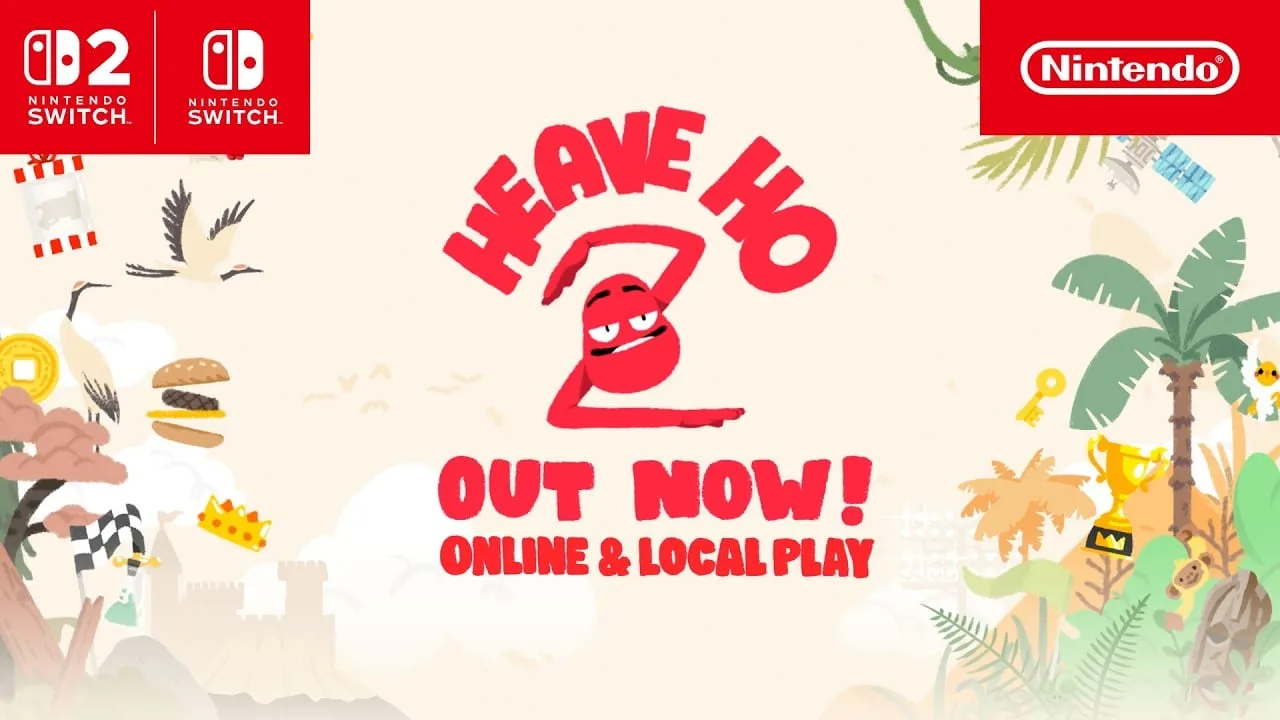 Cena do trailer oficial de Heave Ho 2 no Nintendo Switch 2 com personagens pendurados