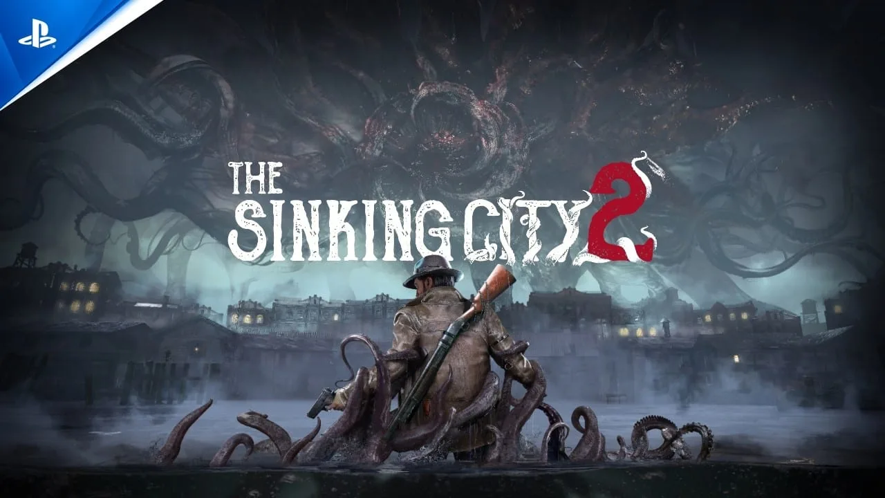 Cena do trailer oficial de The Sinking City 2 no PS5 mostrando ambiente sombrio e personagem investigando