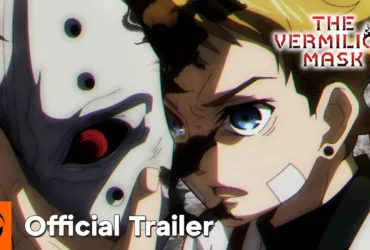 Cena do trailer oficial do anime The Vermilion Mask mostrando personagem principal com máscara vermelha